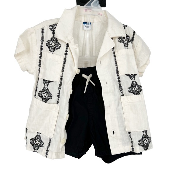 Baby Vacation Holiday Button Down White and Black Embroidered Shirt With Shorts - Picture 2 of 7